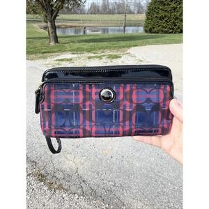 Vintage Coach Signature Poppy Blue Pink Tartan Plaid Logo Wristlet Wallet Y2K